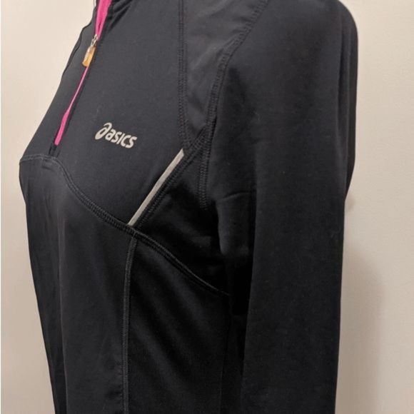 Women's ASICS Long Sleeve 1/4 Zip Top Black Pink Medium Hooded Heat Gear Running - Picture 3 of 5